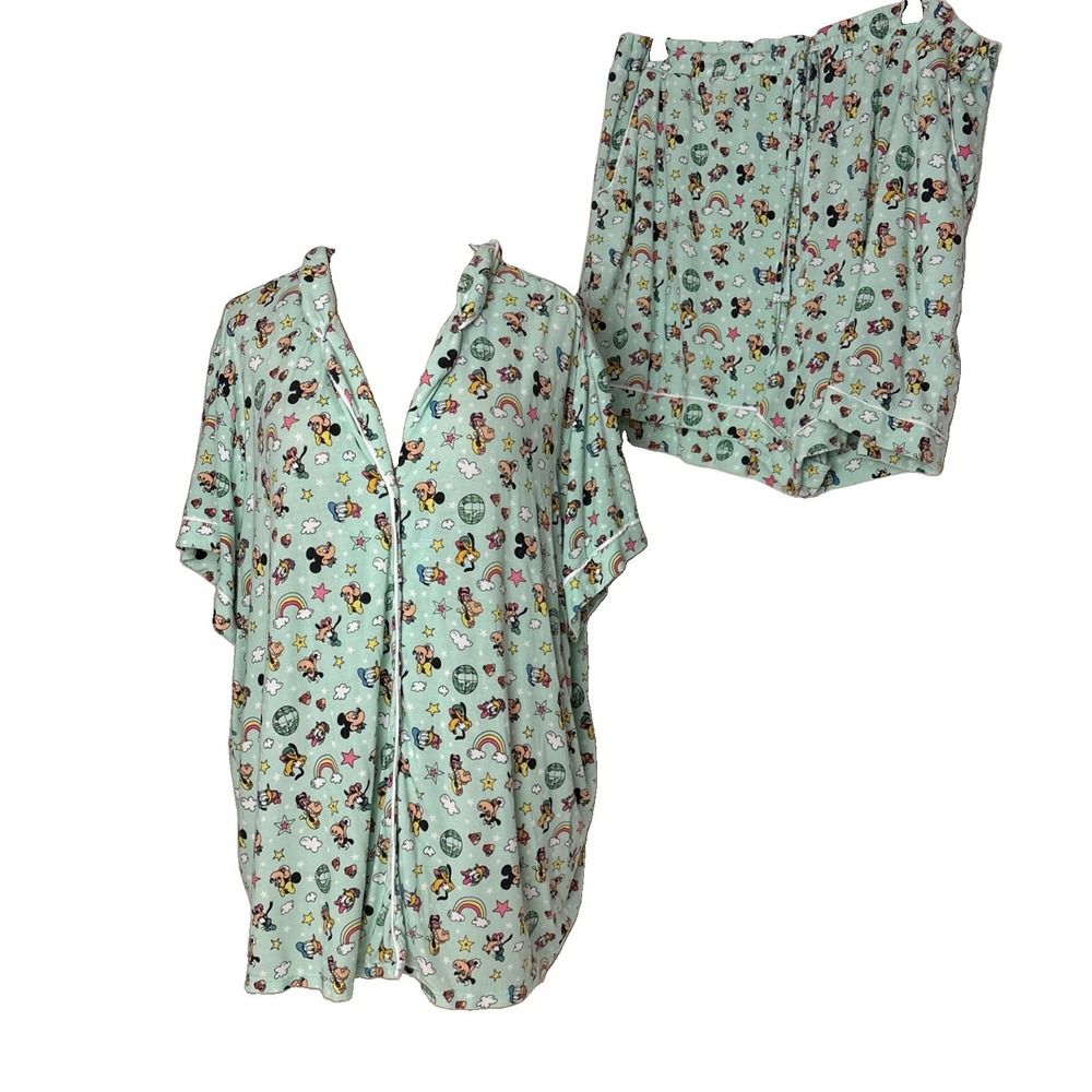 Disney Mickey Mouse 1X Pajama Shorts Set Pockets Plus Size Mint Green Minnie